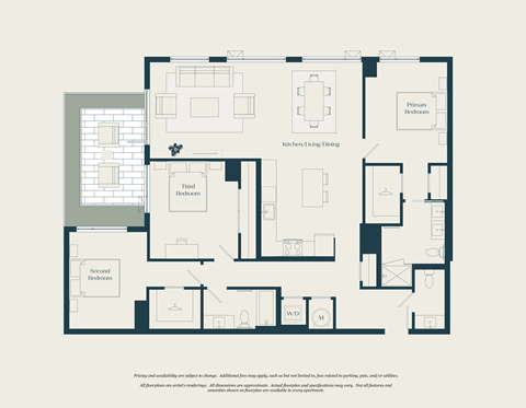 Floor plan for 3 beds, 2.5 baths, 1614 sqft